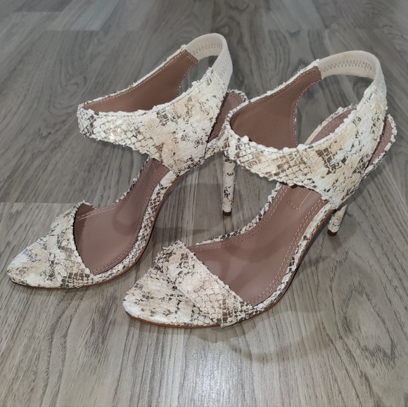 BCBGMaxAzria Shoes - BCBGMaxAzria Tabitha Cream and Tan Snakeskin Heels